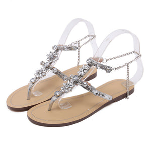 2017 Woman Sandals Women Shoes Rhinestones Chains Thong Gladiator Flat Sandals Crystal Chaussure Plus Size 46 tenis feminino