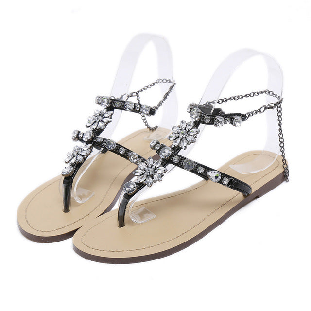 2017 Woman Sandals Women Shoes Rhinestones Chains Thong Gladiator Flat Sandals Crystal Chaussure Plus Size 46 tenis feminino