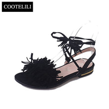 Load image into Gallery viewer, COOTELILI Real Fur Ankle Strap Gladiator Sandals Women Flats 2018 Summer Tassel Shoes Ladies Wedding Beach Sandals BOHEMIAN