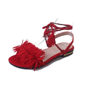 COOTELILI Real Fur Ankle Strap Gladiator Sandals Women Flats 2018 Summer Tassel Shoes Ladies Wedding Beach Sandals BOHEMIAN